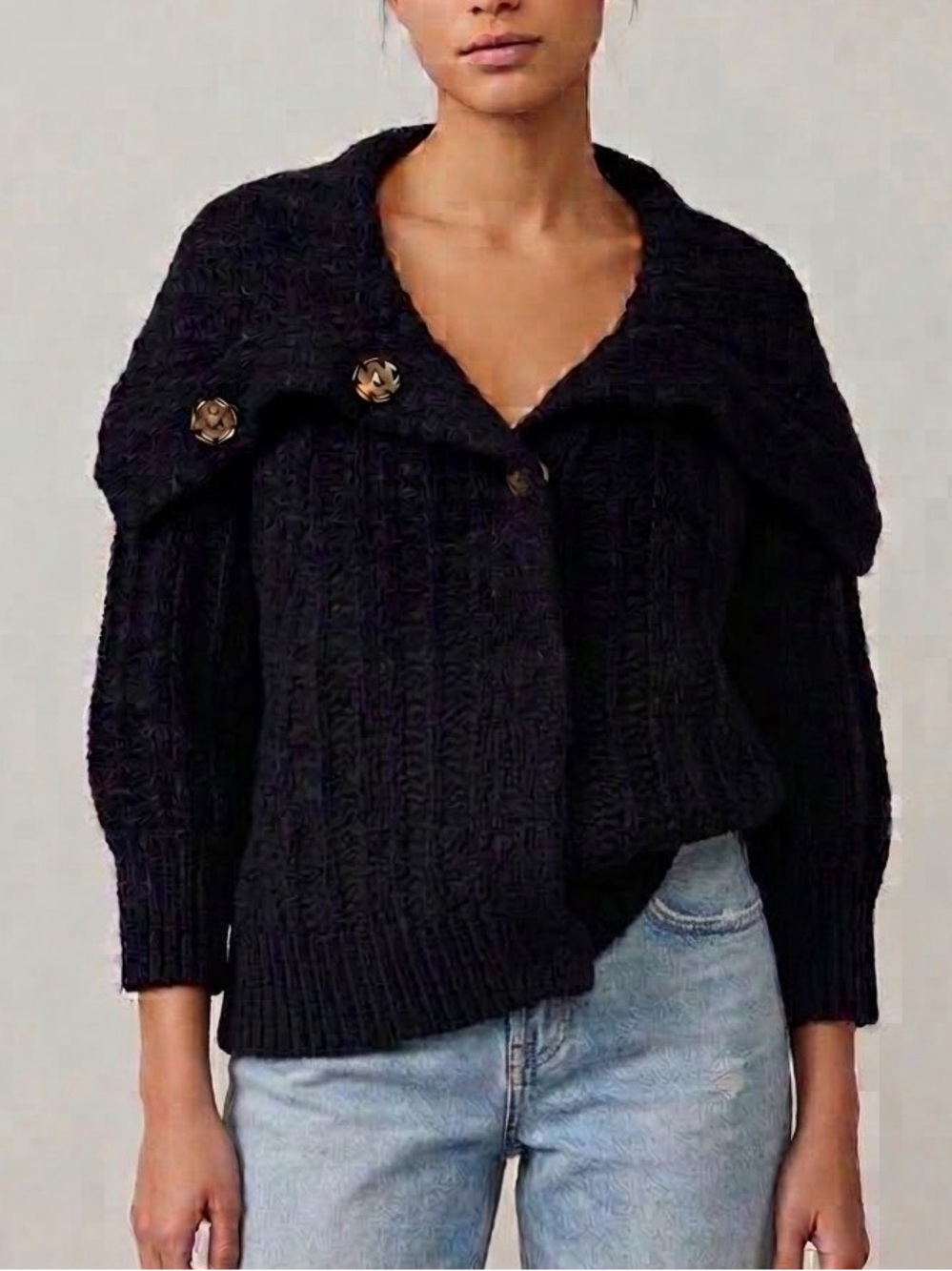 Free People Chunky Knit Cropped Cardigan Sweater Medium Wool Blend Black
